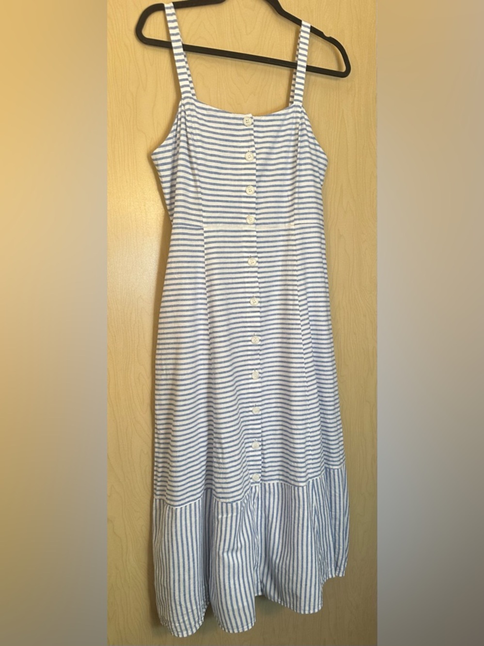 1901 Blue and White Striped Button-Front Linen/ Cotton Blend Midi Dress